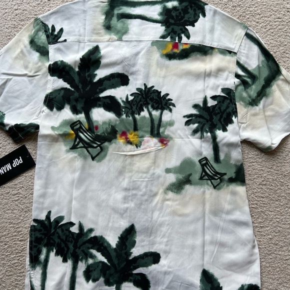 Pop Man Men's Short Sleeve Button Up Shirt Palm Tree Beach Print Green White S - Picture 12 of 13